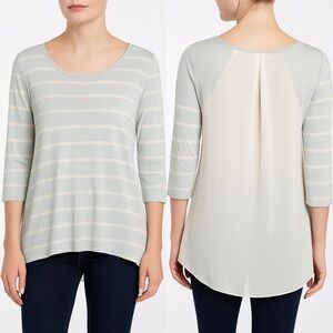 CYNTHIA ROWLEY Blue White Stripe High Low Sheer Back Top Large